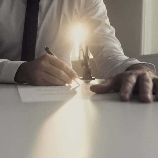 Businessman in white shirt signing document backlit by a shaft of bright sunlight in a low angle view of his hands.